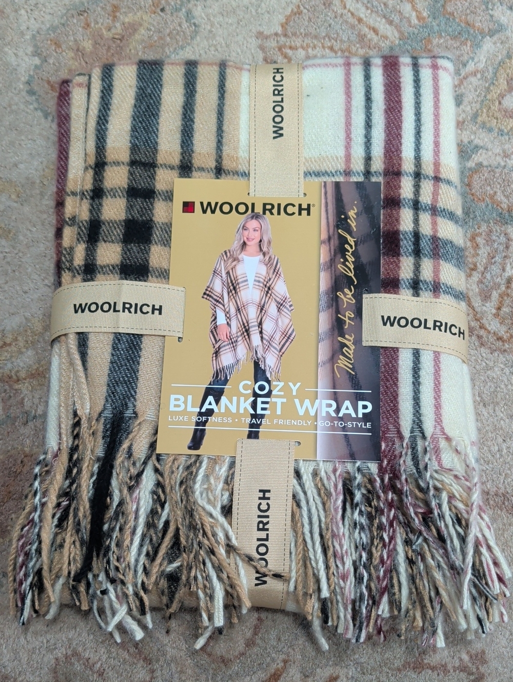 Woolrich Plaid Cozy  Fringe Blanket Wrap in Cream, Tan & Burgundy